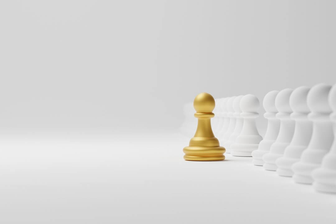 Gold chess outstanding among group. Leader, Unique, Think different, Individual and standing out from the crowd concept. 3d illustration